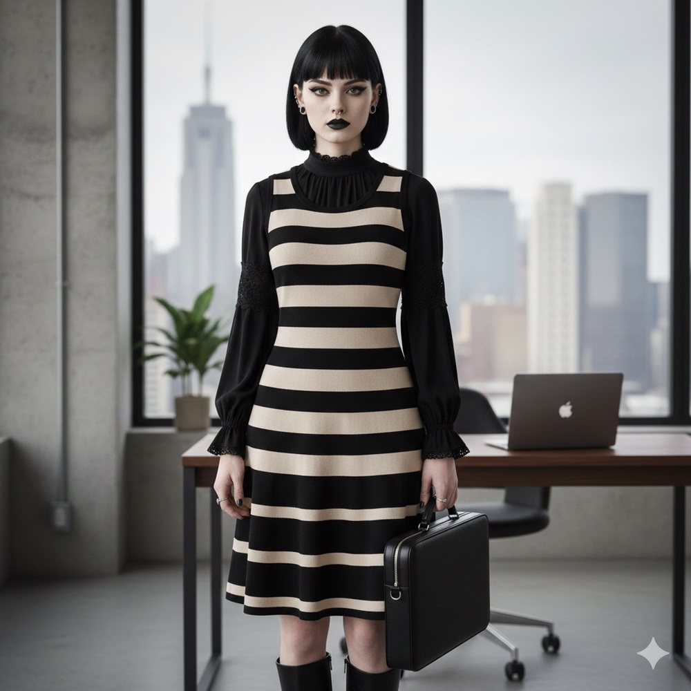 Catherine Malandrino Corporate Goth Striped Black Tan Knit Jumper Midi Dress M